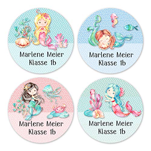 Papierdrachen 24 individuelle Namensaufkleber zum Markieren von Heften und Schul-Büchern - Meerjungfrauen - personalisierte Sticker für Kinder - Geschenk zur Einschulung - Schulbuchetiketten von Papierdrachen