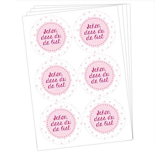 Papierdrachen 24 runde Sticker zu Taufe und Kommunion - Aufkleber zur Dekoration von Gastgeschenken - Schön dass du da bist (rosa) Set 14 von Papierdrachen