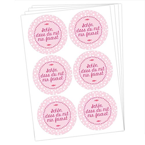 Papierdrachen 24 runde Sticker zu Taufe und Kommunion - Aufkleber zur Dekoration von Gastgeschenken - Schön dass du mit mir feierst (rosa) Set 15 von Papierdrachen