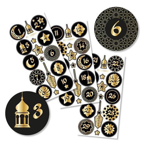 Papierdrachen 30 Zahlenaufkleber für Ramadan - schwarz - gold foliert - Sticker Durchmesser von ca 4cm - zum Basteln und Dekorieren deines persönlichen Ramadankalenders - Eid Mubarak - Set 1 von Papierdrachen