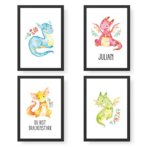 Papierdrachen 4 Premium Poster DIN A4 | Personalisierte Wandbilder für Kinderzimmer - Drachen - hochwertige individualisierbare Kunstdrucke | Dekoration | Wandbild mit Namen von Papierdrachen