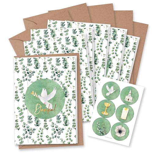 Papierdrachen 6 Dankeskarten für christliche Feste wie Taufe, Kommunion, Konfirmation, Firmung - Motiv Eukalyptus - Klappkarten mit Umschlag und passenden Stickern- DIN A6 - Set 6 von Papierdrachen