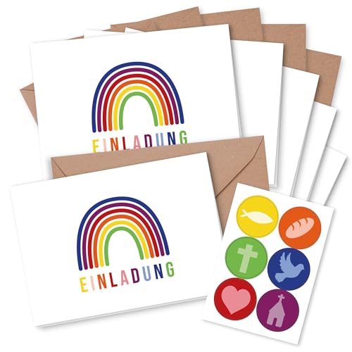 Papierdrachen 6 Einladungskarten für christliche Feste wie Taufe, Kommunion, Konfirmation, Firmung - Motiv Regenbogen - Klappkarten mit Umschlag und passenden Stickern- DIN A6 - Set 4 von Papierdrachen