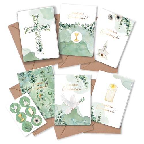 Papierdrachen 6 Glückwunschkarten für christliche Feste wie Taufe, Kommunion, Konfirmation, Firmung - Motiv Eukalyptus - Klappkarten mit Umschlag und passenden Stickern- DIN A6 - Set 1 von Papierdrachen