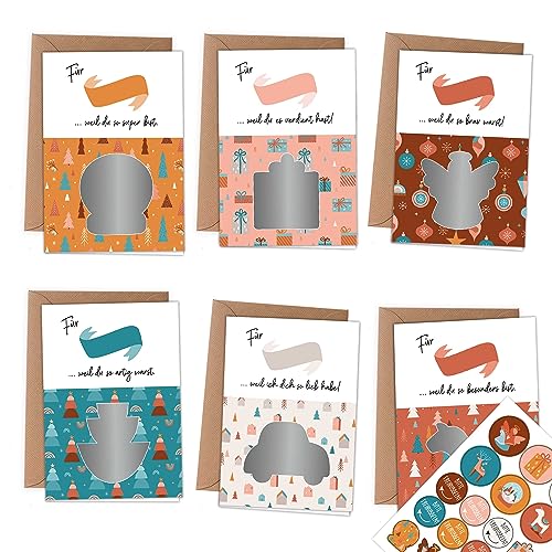 Papierdrachen 6 Klappkarten zum Freirubbeln zu Weihnachten in DIN A6 - mit 6 Packpapierumschlägen und passenden Dekoaufklebern - Verschicke einzigartige Weihnachtspost - Boho - Set 01 von Papierdrachen