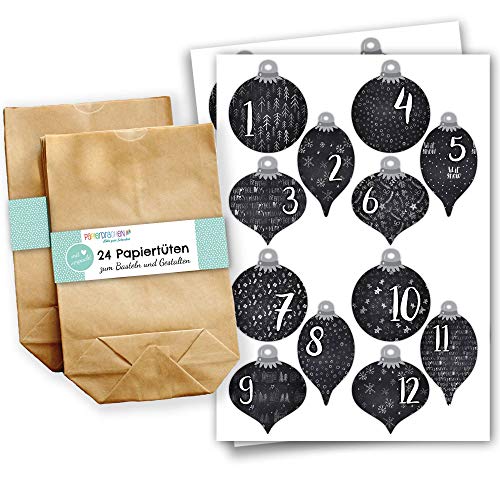 Papierdrachen Adventskalender Set - 24 braune Papiertüten und 24 Weihnachtskugel Sticker - zum Selbermachen und Befüllen - Mini Set 60 - Weihnachten 2022 von Papierdrachen