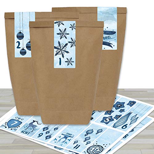 Papierdrachen Adventskalender Set - 24 braune Papiertüten und 24 eckige Zahlenaufkleber *Blaue Weihnachten* - zum Selbermachen und Befüllen - Mini Set Nr 64 - Weihnachten von Papierdrachen