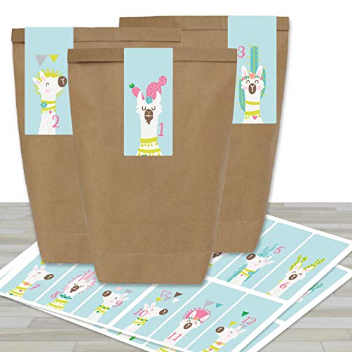 Papierdrachen Adventskalender Set - 24 braune Papiertüten und 24 eckige Zahlenaufkleber mit Lamas Zahlenaufkleber - zum Selbermachen und Befüllen - Mini Set Nr 63 - Weihnachten von Papierdrachen