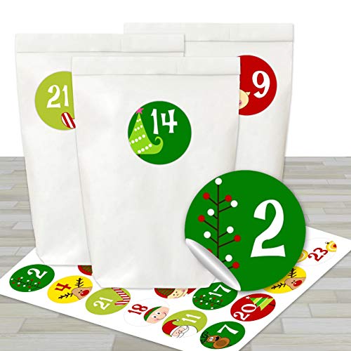 Papierdrachen - Adventskalender Set - 24 weiße Papiertüten und 24 Bunte Zahlenaufkleber - zum selber Machen und befüllen von Papierdrachen