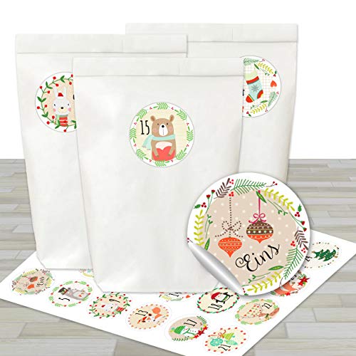 Papierdrachen - Adventskalender Set - 24 weiße Papiertüten und 24 bunte Zahlenaufkleber - zum selber basteln und zum befüllen von Papierdrachen