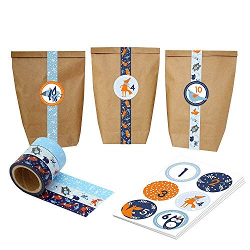 Papierdrachen Adventskalender mit Washi Tape - zum selber Basteln und Befüllen - Waldtier Tape - mit 24 Zahlenaufklebern und Papiertüten - Set 32 von Papierdrachen