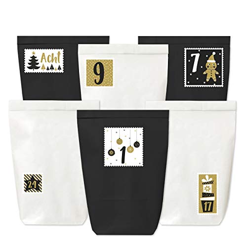 Papierdrachen Adventskalender zum Befüllen - 24 Papiertüten in schwarz und weiß sowie 24 Zahlenaufkleber (goldene Briefmarken) - zum Selbermachen und Befüllen - Weihnachten von Papierdrachen