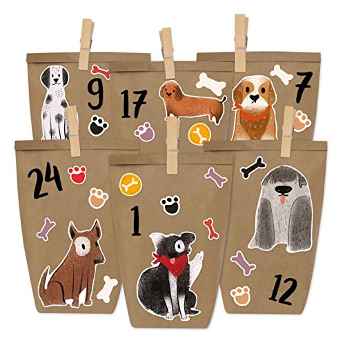 Papierdrachen Adventskalender zum Befüllen - Hunde zum Aufkleben - mit 24 weißen Papiertüten und tollen Stickern für Kinder - Weihnachten von Papierdrachen