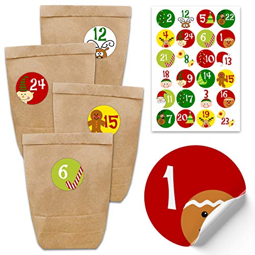 Papierdrachen Adventskalender zum Befüllen - mit 24 braunen Papiertüten und 24 bunten Aufklebern - zum Selbermachen und Basteln - Mini Set Nr 1 - Weihnachtskalender für Kinder von Papierdrachen