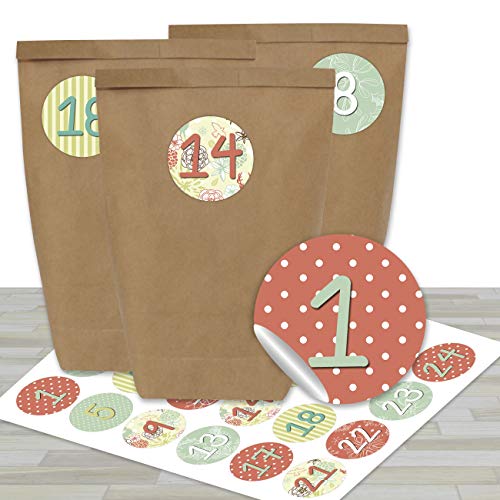 Papierdrachen Adventskalender zum Befüllen - mit 24 braunen Papiertüten und 24 dezenten Aufklebern - zum Selbermachen und Basteln - Mini Set Nr 24 - Weihnachtskalender für Kinder von Papierdrachen