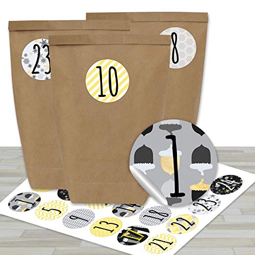 Papierdrachen Adventskalender zum Befüllen - mit 24 braunen Papiertüten und 24 grau-gelben Aufklebern - zum Selbermachen und Basteln - Mini Set Nr 21 - Weihnachtskalender für Kinder von Papierdrachen