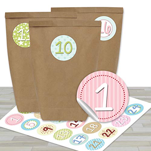 Papierdrachen Adventskalender zum Befüllen - mit 24 braunen Papiertüten und 24 pastellfarbigen Aufklebern - zum Selbermachen und Basteln - Mini Set Nr 25 - Weihnachtskalender für Kinder von Papierdrachen