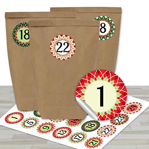 Papierdrachen Adventskalender zum Befüllen - mit 24 braunen Papiertüten und 24 rot-grünen Aufklebern - zum Selbermachen und Basteln - Mini Set Nr 17 - Weihnachtskalender für Kinder von Papierdrachen