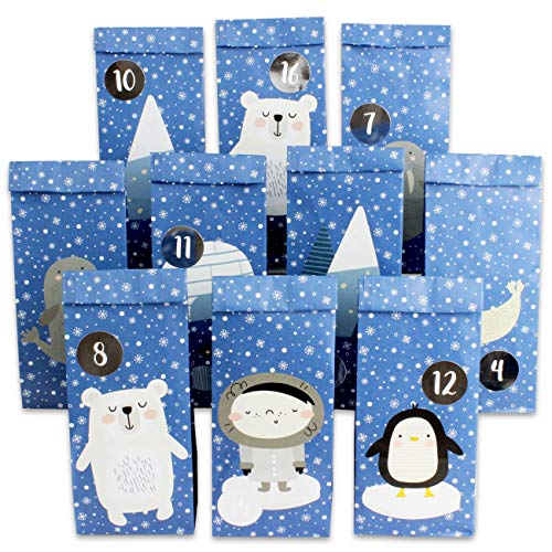 Papierdrachen DIY Adventskalender 2024 - zum Befüllen - Poloartiere zum Aufkleben - mit 24 blau bedruckten Papiertüten und tollen Stickern für Kinder - Weihnachten von Papierdrachen