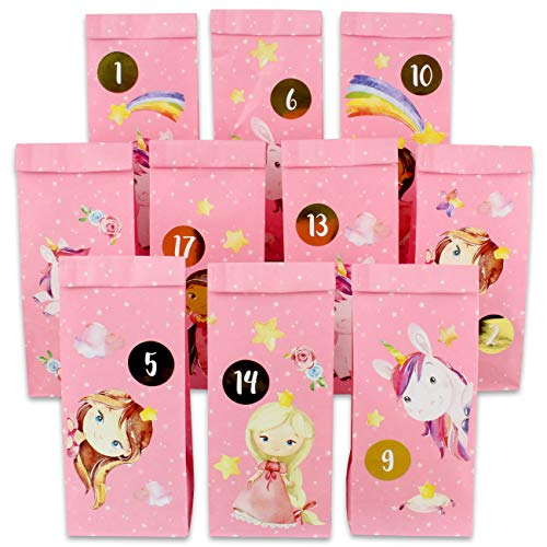 Papierdrachen DIY Adventskalender 2024 - zum Befüllen - Prinzessin und Einhorn zum Aufkleben - mit 24 rosa bedruckten Papiertüten und tollen Stickern für Kinder - Weihnachten von Papierdrachen