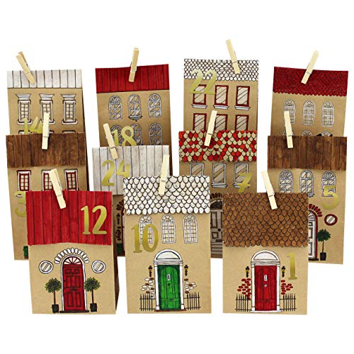 Papierdrachen DIY Adventskalender Kraftpapier Set - Häuser zum Ausmalen - mit 24 braunen bedruckten Papiertüten zum Ausmalen und selbst Befüllen - Weihnachten 2022 von Papierdrachen