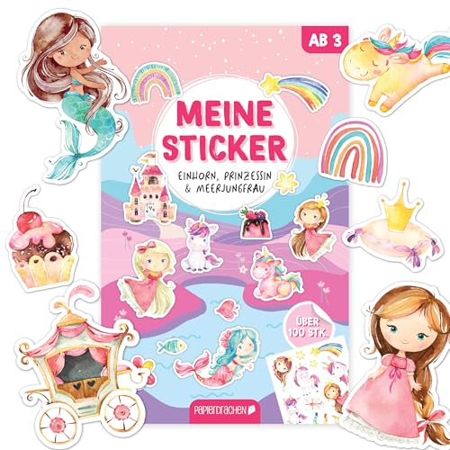 Papierdrachen Stickerblock Einhorn, Prinzessin & Meerjungfrau - Über 100 Vielfältige Sticker | Perfekt für Kreatives Gestalten | tolles Mitbringsel oder Geschenkidee Set 1 von Papierdrachen