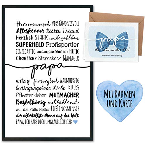 Papierdrachen Vatertagsgeschenk mit Kunstdruck, Klappkarte, Umschlag und Postkarten - Geschenk zum Vatertag - Handlettering Herzensmensch Papa Superheld Alleskönner - mit Rahmen von Papierdrachen