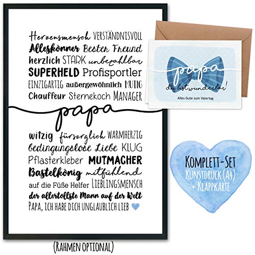 Papierdrachen Vatertagsgeschenk mit Kunstdruck, Klappkarte, Umschlag und Postkarten - Geschenk zum Vatertag - Handlettering Herzensmensch Papa Superheld Alleskönner - ohne Rahmen von Papierdrachen