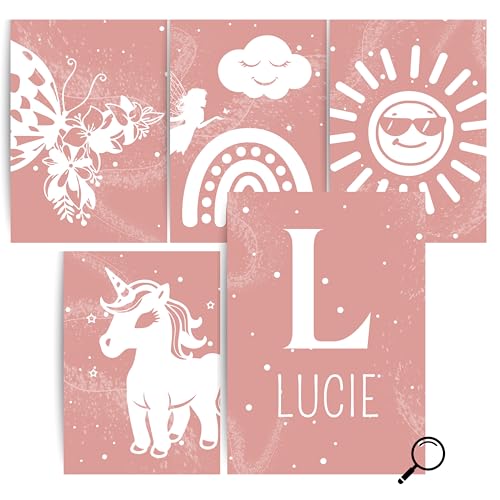 Papierkindᵀᴹ Personalisierbares 5er Poster Set - Schmetterling Regenbogen Einhorn | Personalisierte Boho Bilder fürs Mädchenzimmer | Minimalistische Wanddeko | DIN A4 ohne Rahmen (C40) von Papierkind