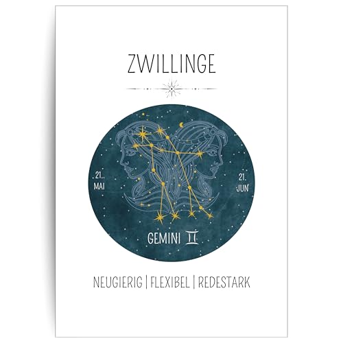 Papierkind™ Poster Sternzeichen Zwillinge - Gemini | Zodiak Wandbilder Zwillinge | Zwillinge Deko ohne Rahmen | Astrologie Zwillinge Poster Geschenk | in DIN A4 ohne Rahmen (A134-4) von Papierkind