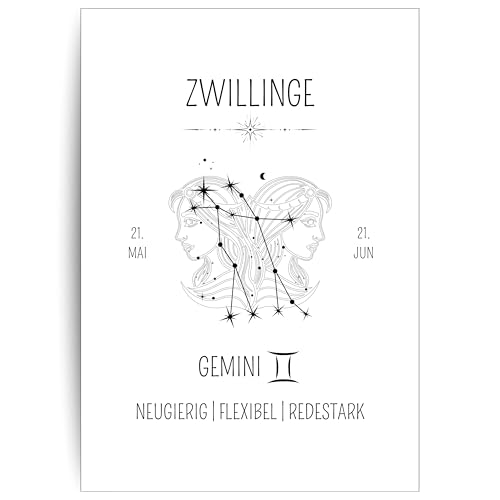 Papierkind™ Poster Sternzeichen Zwillinge - Gemini | Zwillinge Bild | Zwillinge Zodiak Poster | Gemini Wanddeko | Geschenk | in DIN A4 ohne Rahmen (A134-1) von Papierkind