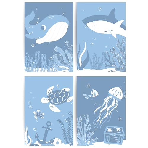 Papierkindᵀᴹ 4er Poster Set - Unterwasser Wal Hai Schildkröte Qualle | Wanddeko für Kinderzimmer | Meeresmotive Poster | Bilder in DIN A4 ohne Rahmen (A119-1) von Papierkind