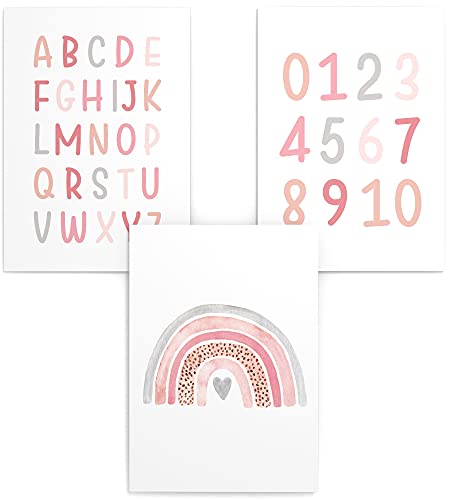 Papierschmiede® Kinderposter 3er Set Lernposter, DIN A4 (21x30 cm) Wanddeko, Geschenk für Mädchen Kinderzimmer Vorschule| Alphabet Buchstaben, ABC Zahlen Regenbogen rosa von Papierschmiede