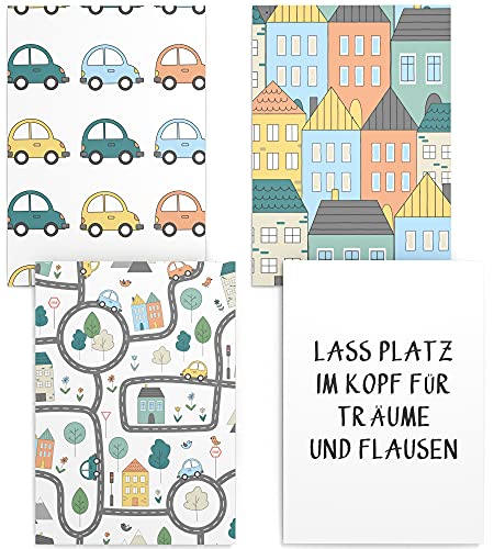 Papierschmiede® Kinderposter 4er Set, DIN A4 (21x30 cm) Wanddeko, Geschenk für Jungen Kinderzimmer Babyzimmer, Autos bunte Häuser Straßen, Autoteppich von Papierschmiede