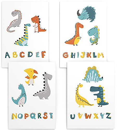 Papierschmiede® Kinderposter 4er Set, DIN A4 (21x30 cm) Wanddeko, Geschenk für Jungen Kinderzimmer Babyzimmer, Dinosaurier Alphabet, Dino ABC von Papierschmiede