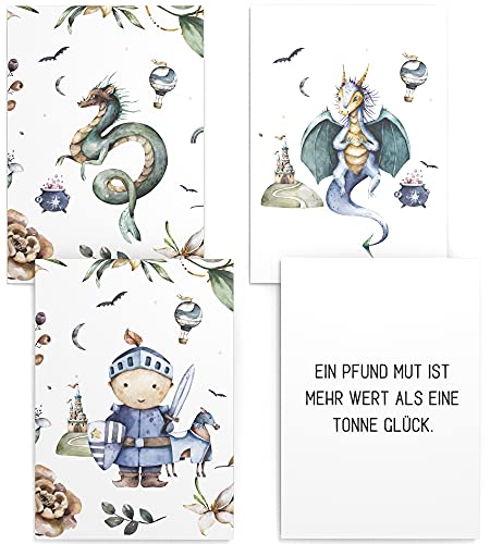 Papierschmiede® Kinderposter 4er Set, DIN A4 (21x30 cm) Wanddeko, Geschenk für Jungen Kinderzimmer Babyzimmer, Schloss Fantasy Märchen, Ritter und Drachen von Papierschmiede