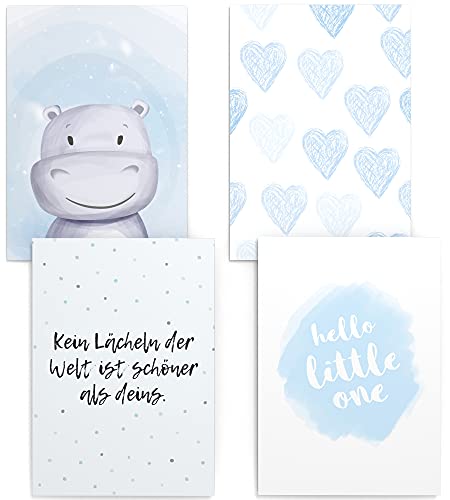 Papierschmiede® Kinderposter 4er Set, DIN A4 (21x30 cm) Wanddeko, Geschenk für Jungen Kinderzimmer Babyzimmer, blau Nilpferd hello little one, Baby Hippo von Papierschmiede