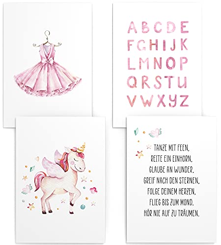 Papierschmiede® Kinderposter 4er Set, DIN A4 (21x30 cm) Wanddeko, Geschenk für Mädchen Kinderzimmer Babyzimmer, Einhorn ABC rosa Kleid, Aquarell Unicorn von Papierschmiede