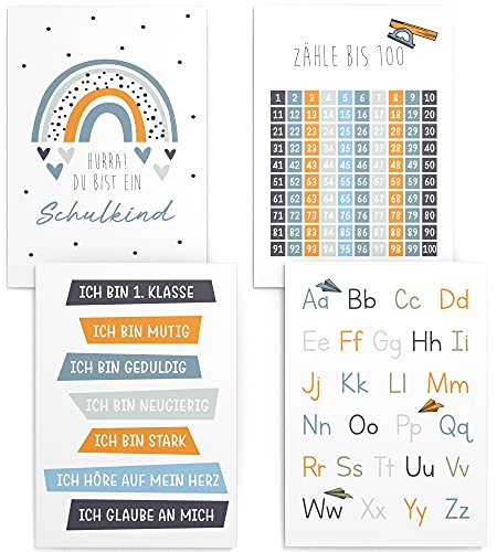 Papierschmiede® Kinderposter 4er Set Lernposter, 30x40 cm Wanddeko, Geschenk für Jungen Kinderzimmer, Schulkind Alphabet ABC Zahlen, Einschulung Jungen von Papierschmiede