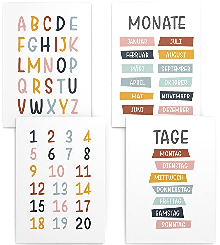 Papierschmiede® Kinderposter 4er Set Lernposter, 30x40 cm Wanddeko, Geschenk für Mädchen & Jungen Kinderzimmer, bunte Buchstaben Zahlen Kalender Wochentage, ABC Tage Monate von Papierschmiede