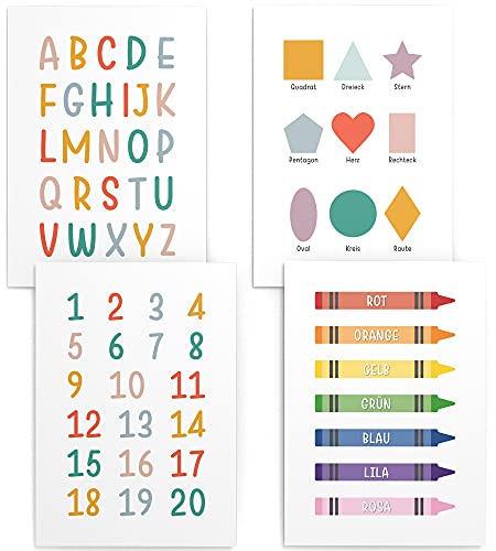 Papierschmiede® Kinderposter 4er Set Lernposter, DIN A4 (21x30 cm) Wanddeko, Geschenk für Mädchen & Jungen Kinderzimmer, bunte Buchstaben Einschulung, ABC Zahlen Farben Formen von Papierschmiede