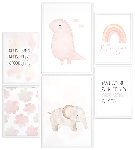 Papierschmiede® Bilder Kinderzimmer Kids Mood Poster Set Baby Girl Aquarell, Gerahmte Bilder fürs Kinderzimmer in weißen Holzrahmen, 2x DIN A4 und 4x DIN A5, Dino Elefant Regenbogen von Papierschmiede