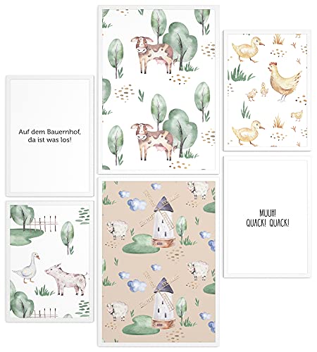 Papierschmiede® Bilder Kinderzimmer Kids Mood Poster Set Bauernhof, Gerahmte Bilder fürs Kinderzimmer in weißen Holzrahmen, 2x DIN A4 und 4X DIN A5, Kuh Huhn Schwein Farm von Papierschmiede