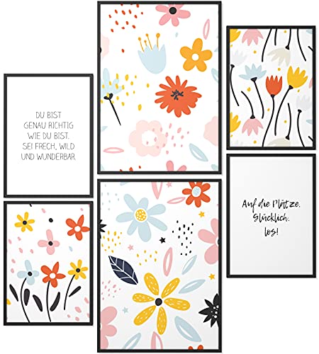 Papierschmiede® Bilder Kinderzimmer Kids Mood Poster Set Blumenwiese, Kinderzimmer Bilder Babyzimmer Deko, 2x DIN A2 und 4x DIN A3, Blüten Bunt Glück - Kinderposter ohne Rahmen von Papierschmiede