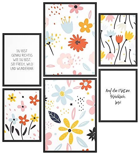 Papierschmiede® Bilder Kinderzimmer Kids Mood Poster Set Blumenwiese, Kinderzimmer Bilder Babyzimmer Deko, 2x DIN A4 und 4x DIN A5, Blüten Bunt Glück - Kinderposter ohne Rahmen von Papierschmiede