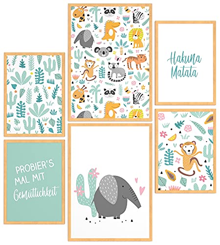 Papierschmiede® Bilder Kinderzimmer Kids Mood Poster Set Hakuna Matata Tiere, Gerahmte Bilder fürs Kinderzimmer in Natur-Holzrahmen, 2x DIN A4 und 4x DIN A5, Löwe Dschungel Elefant von Papierschmiede