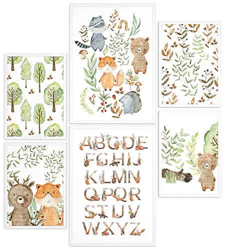 Papierschmiede® Bilder Kinderzimmer Kids Mood Poster Set Pfadfinder Tiere, Gerahmte Bilder fürs Kinderzimmer in weißen Holzrahmen, 2x DIN A3 und 4x DIN A4, Wald Alphabet Fuchs von Papierschmiede