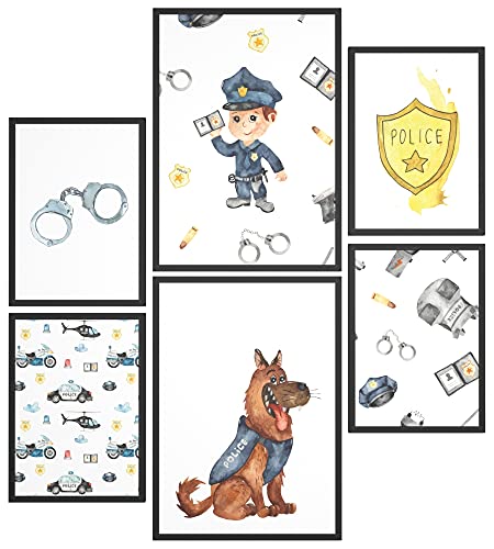 Papierschmiede® Bilder Kinderzimmer Kids Mood Poster Set Polizei, Kinderzimmer Bilder Babyzimmer Deko, 2x 30x40cm und 4x 20x30cm, Hubschrauber Auto Sheriff - Kinderposter ohne Rahmen von Papierschmiede