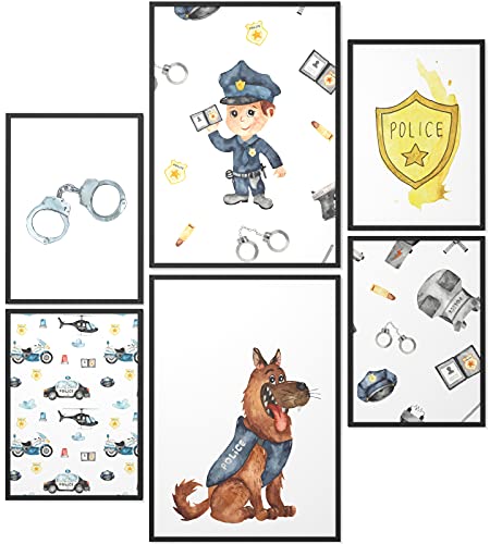 Papierschmiede® Bilder Kinderzimmer Kids Mood Poster Set Polizei, Kinderzimmer Bilder Babyzimmer Deko, 2x DIN A2 und 4x DIN A3, Hubschrauber Auto Sheriff - Kinderposter ohne Rahmen von Papierschmiede