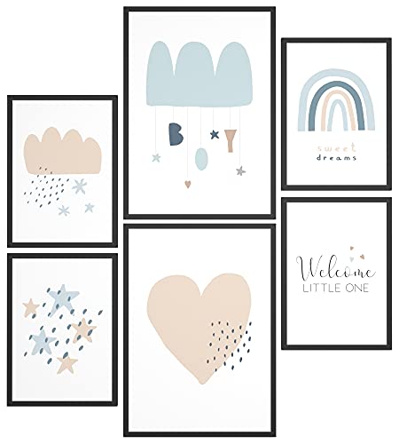 Papierschmiede® Bilder Kinderzimmer Kids Mood Poster Set Welcome Little Boy, Kinderzimmer Bilder Babyzimmer Deko, 2x 30x40cm und 4x 21x30cm, Blau Jungen Geburt Geschenk - Kinderposter ohne Rahmen von Papierschmiede